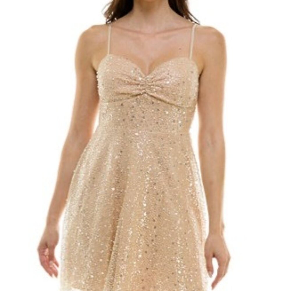 Emerald Sundae Womens Gold Sequin Mini Dress With Spaghetti Straps & Sweetheart